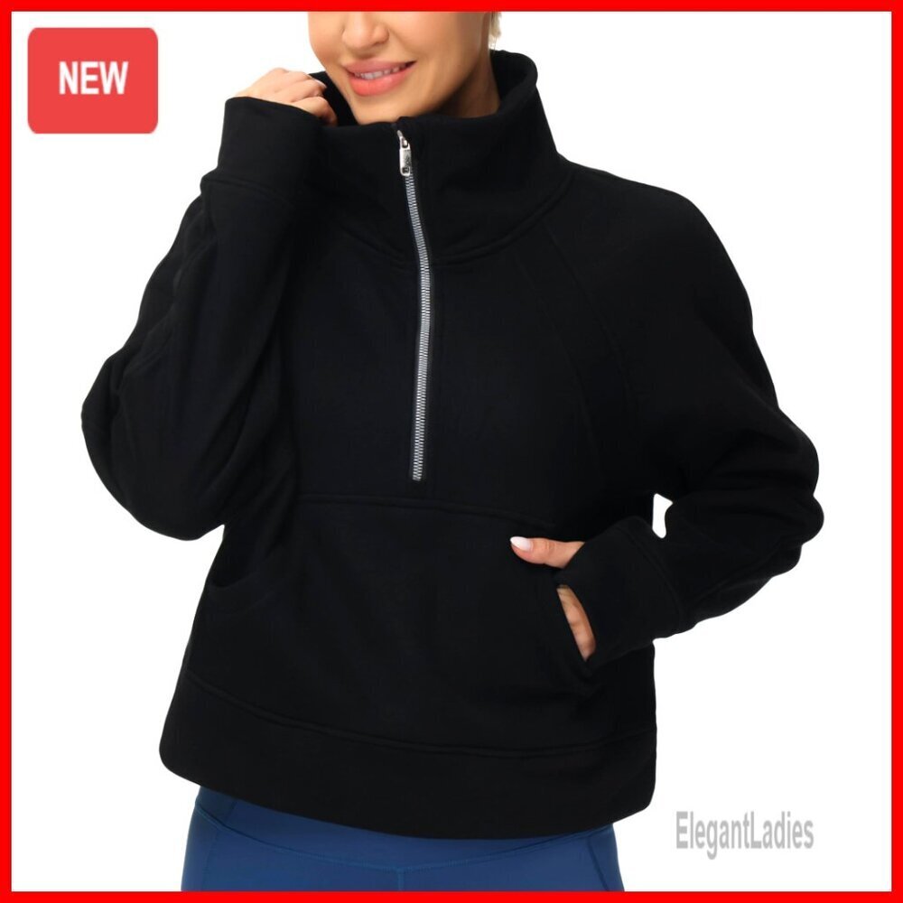 Half Zip Pullover Fleece Crop Sweatshirt with Pockets Thumb Holes